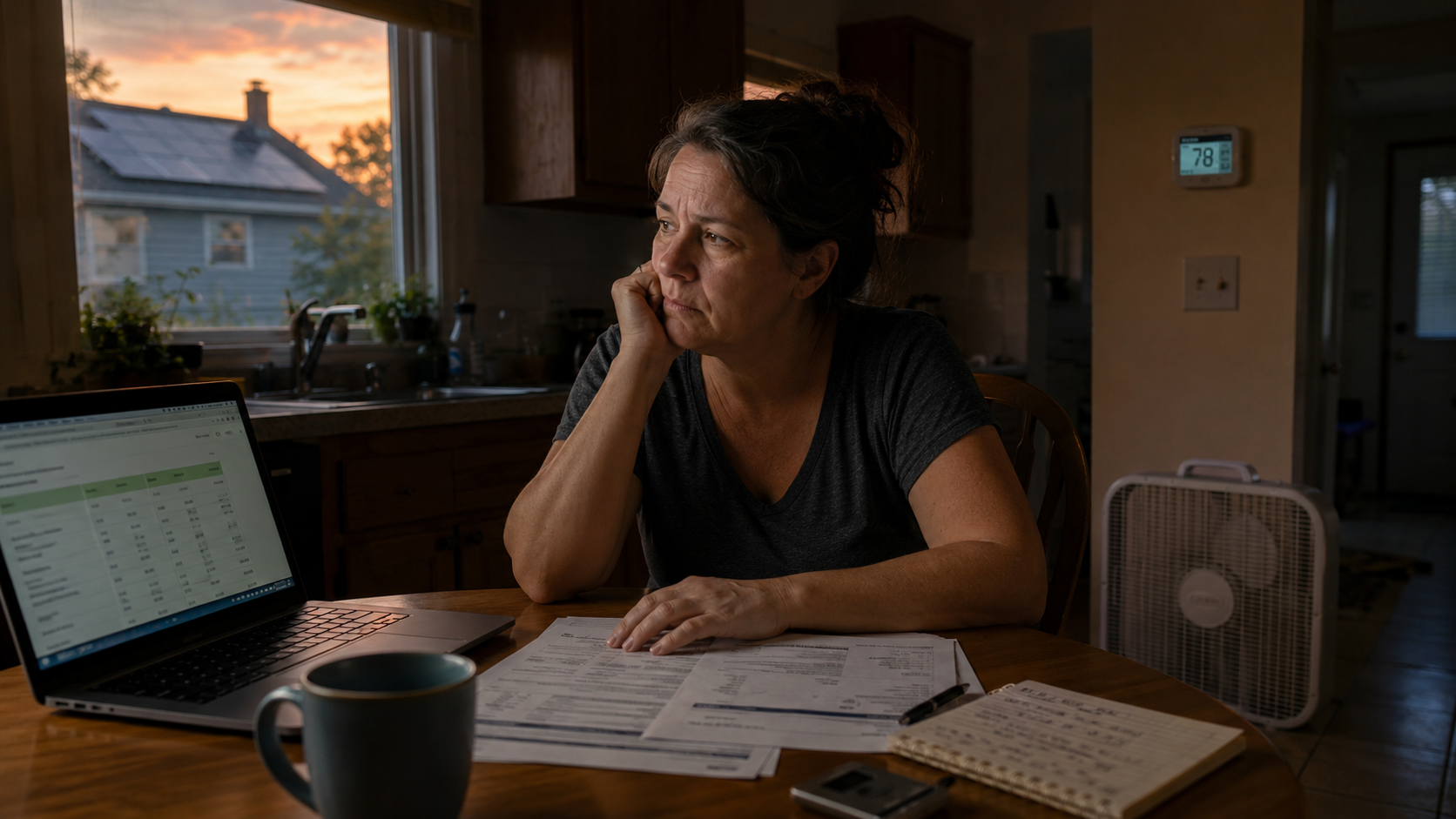 An electric bill on a kitchen table under a lamp in a New Jersey home at night